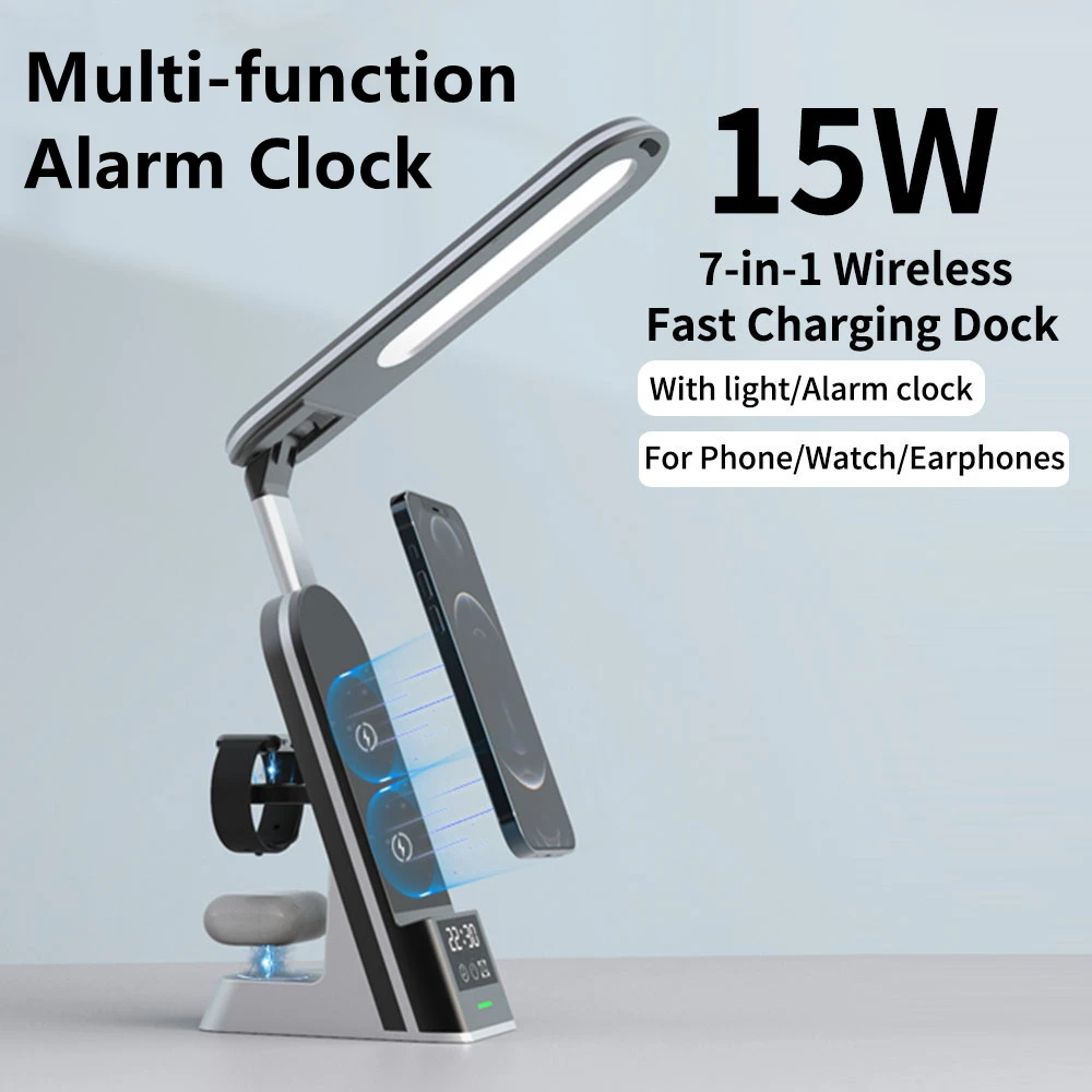 Multi-function Alarm Clock LED Table Lamp 15W Wireless Charger Stand for iPhone 13 Apple Watch Airpods PD Fast Charging Station
Multi-function Alarm Clock LED Table Lamp 15W Wireless Charger Stand for iPhone 13 Apple Watch Airpods PD Fast Charging Station