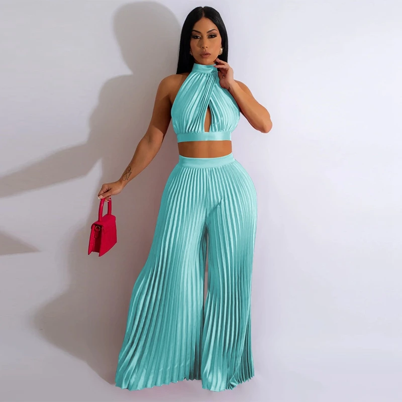 Женский Атласный Костюм с лямкой на шее Wishyear, свободный плиссированный пляжный укороченный топ с открытой спиной и длинные брюки с широкими штанинами для отдыха 
Женский Атласный Костюм с лямкой на шее Wishyear, свободный плиссированный пляжный укороченный топ с открытой спиной и длинные брюки с широкими штанинами для отдыха