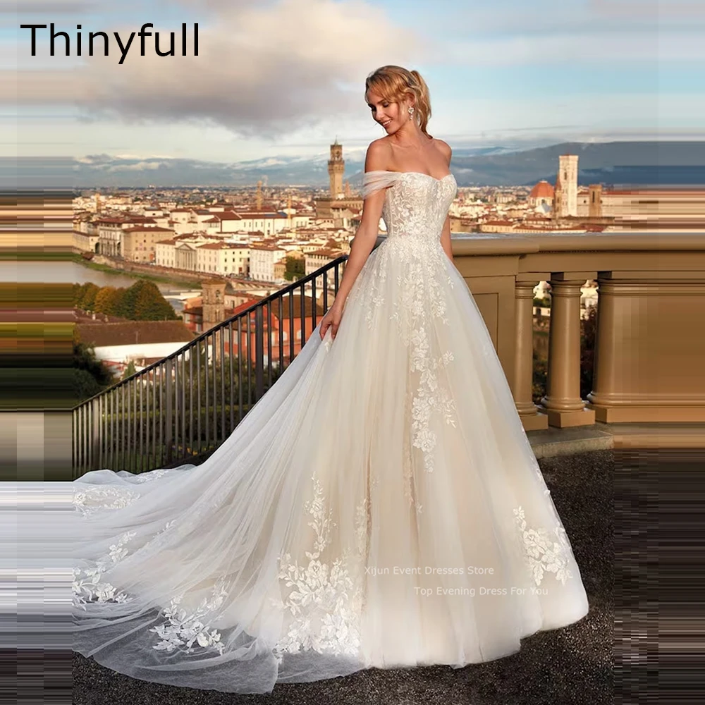 

Thinyfull White Tulle Flower Applique Wedding Dresses Sweetheart Off Shoulder Long Floor Length Occasion Bride Gown 2023 Women