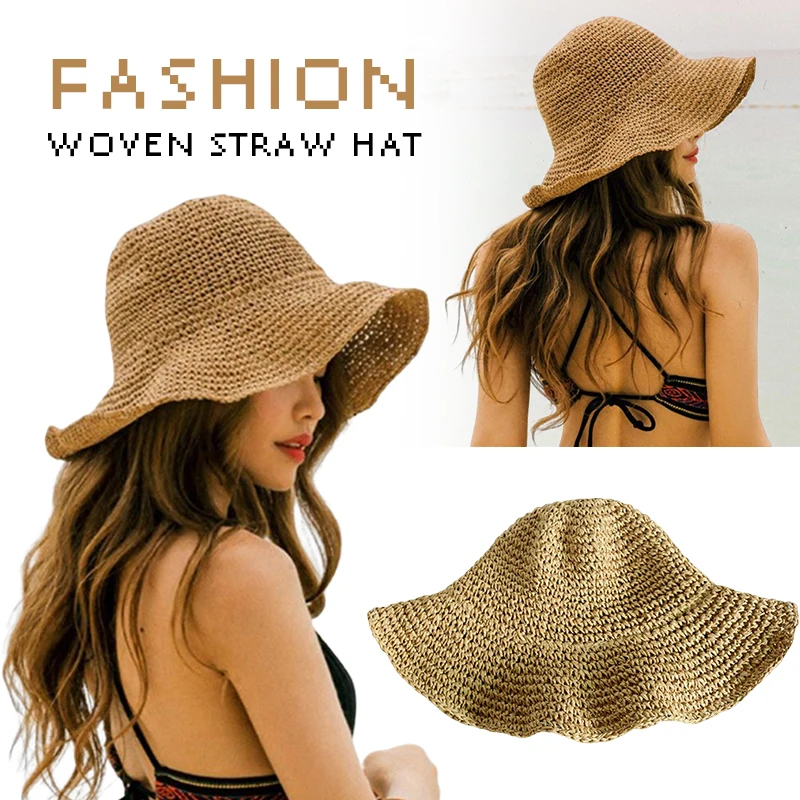 

Simple Girls Women Spring Summer Travel Beach Hat Foldable Wide Brim Straw Sun Hats Fashion Floppy Breathable Sunscreen Hat