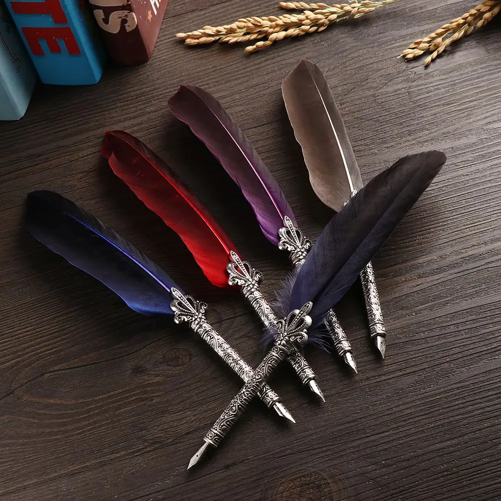 

1 Set Luxury Vintage Turkey Feather Dip Fountain Pen + 5 Nibs English Calligraphy Signature Oblique Quill Gift Office Supplies