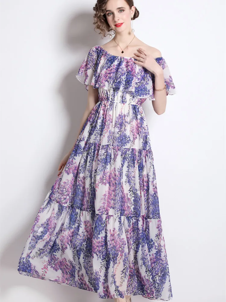 Bohemia Summer Holiday Beach Dresses Women Sexy Oblique Off Shoulder Ruffles Purple Floral Print Runway Elegant Maxi Dress 2022
Bohemia Summer Holiday Beach Dresses Women Sexy Oblique Off Shoulder Ruffles Purple Floral Print Runway Elegant Maxi Dress 2022