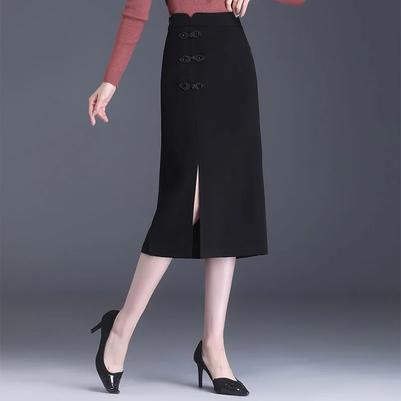 

ZUZK Elegant Fashion Slit Bodycon Black Skirt For Women Elastic High Waist Button Decorate Chic Slim Long Pencil Skirts M-4XL