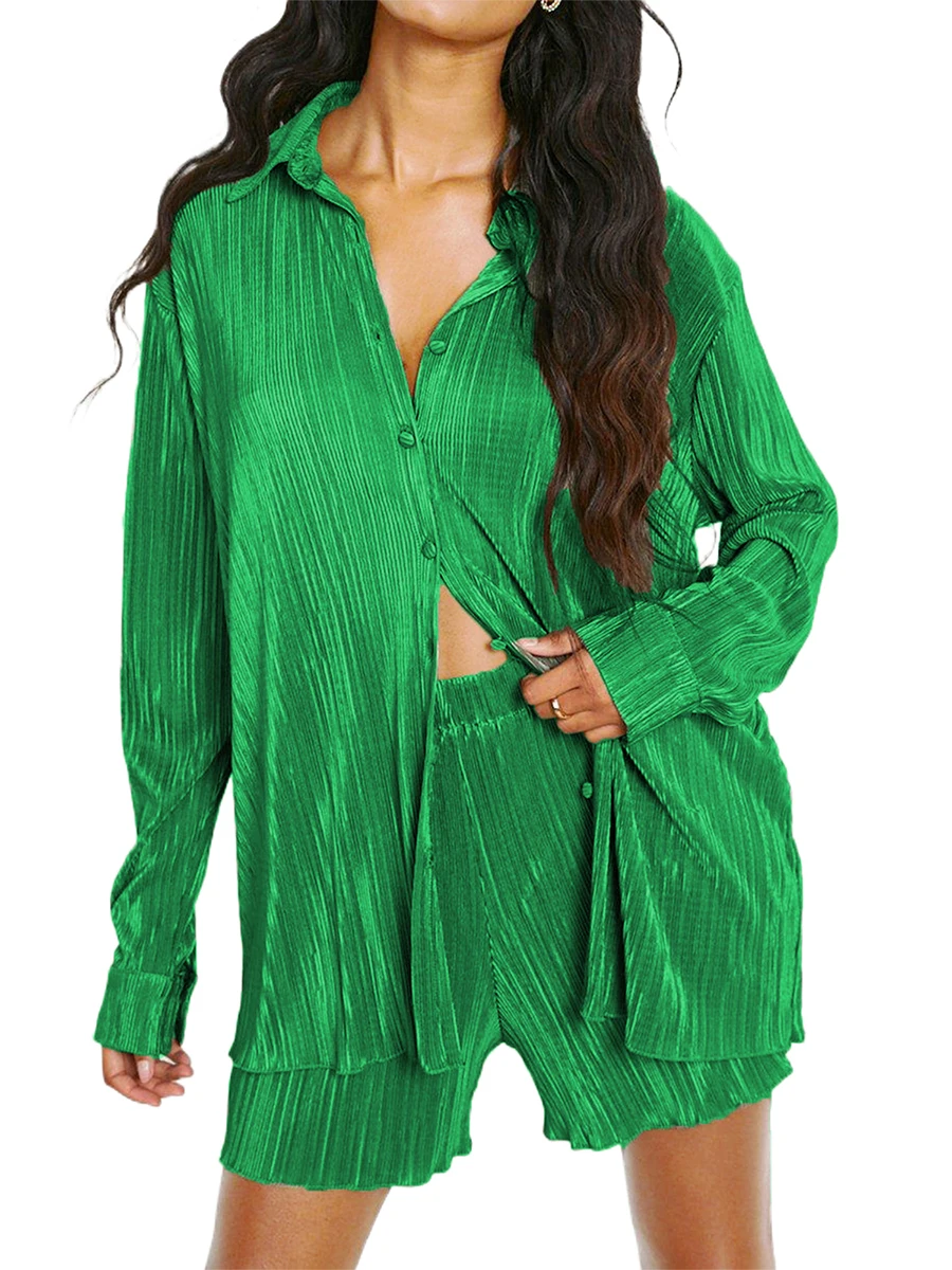 Women Casual 2 Pcs Clothes Set Solid Color Ruched Long Sleeve Button Down Shirts with Shorts Suit Fashion Streetwear
Women Casual 2 Pcs Clothes Set Solid Color Ruched Long Sleeve Button Down Shirts with Shorts Suit Fashion Streetwear