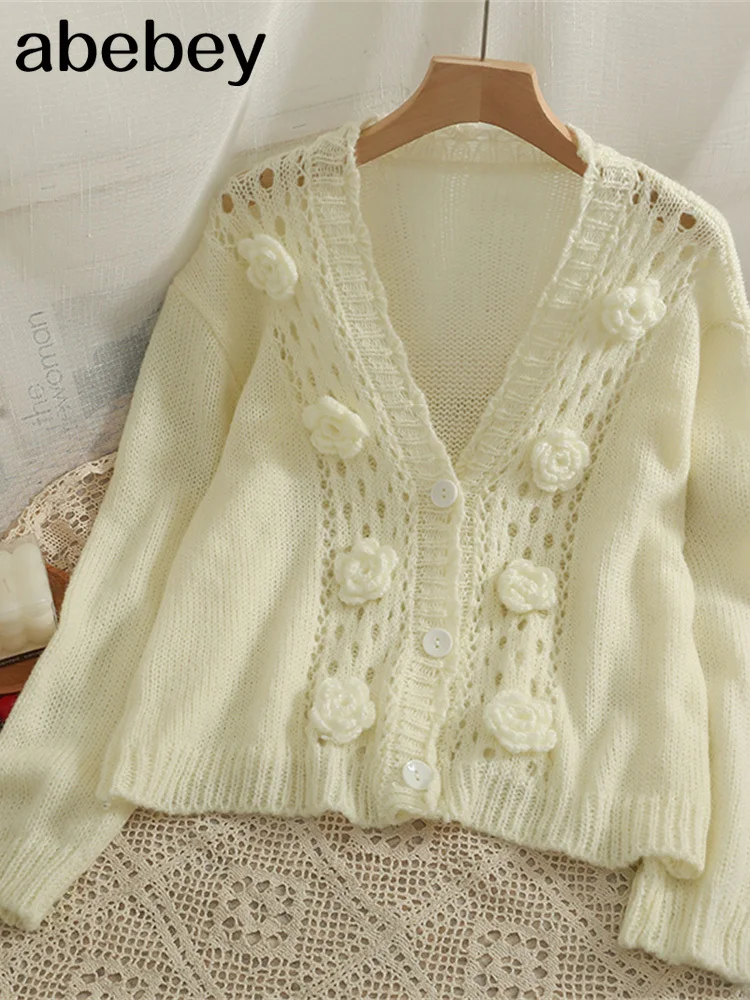 

Осенне-зимний милый свитер с V-образным вырезом и трехмерными цветами, универсальный Кардиган с длинным рукавом, свитеры, толстый свитер