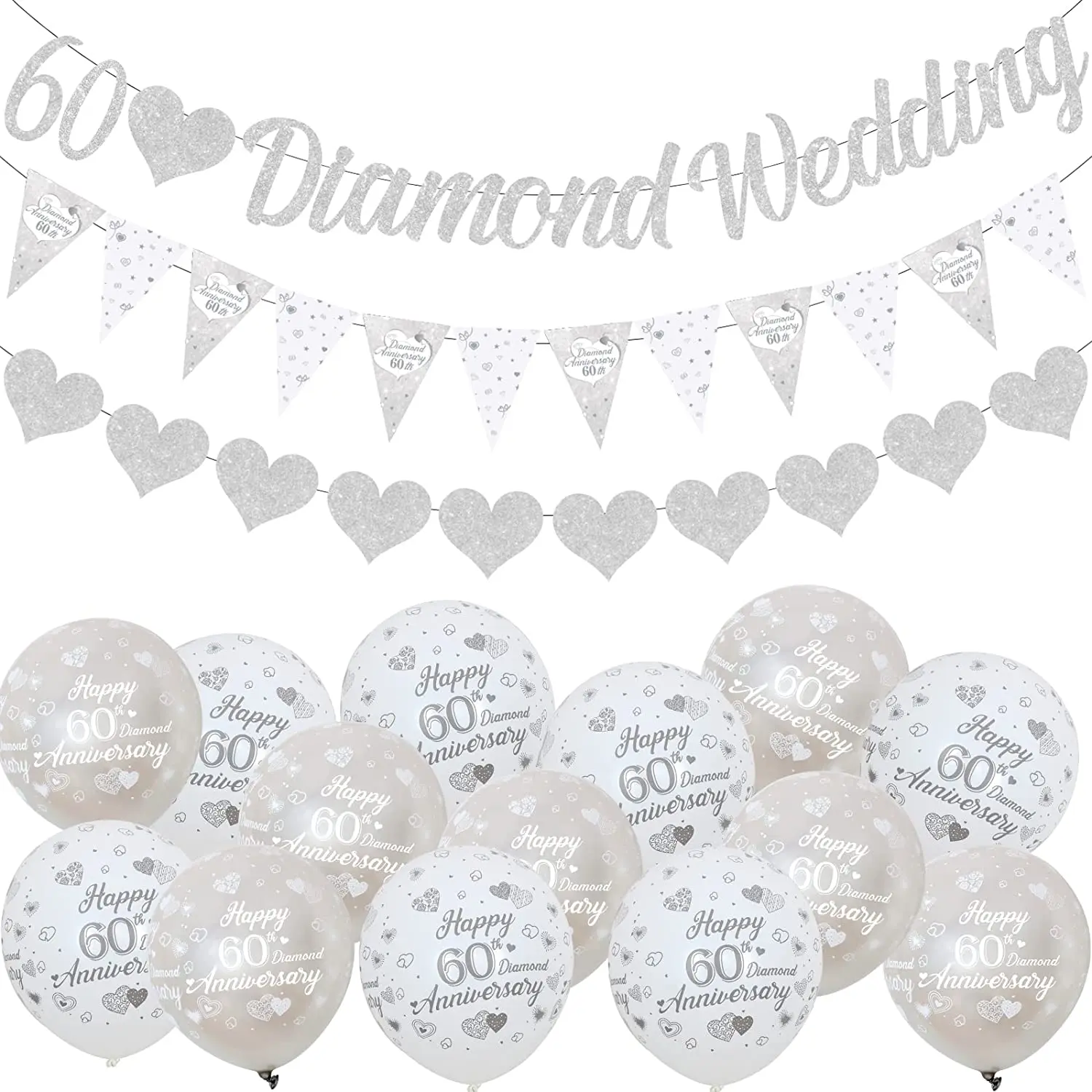 

Sursurprise 60th Wedding Anniversary Party Decorations 60th Diamond Wedding Glitter Banners Bunting Flag Balloons Party Supplies