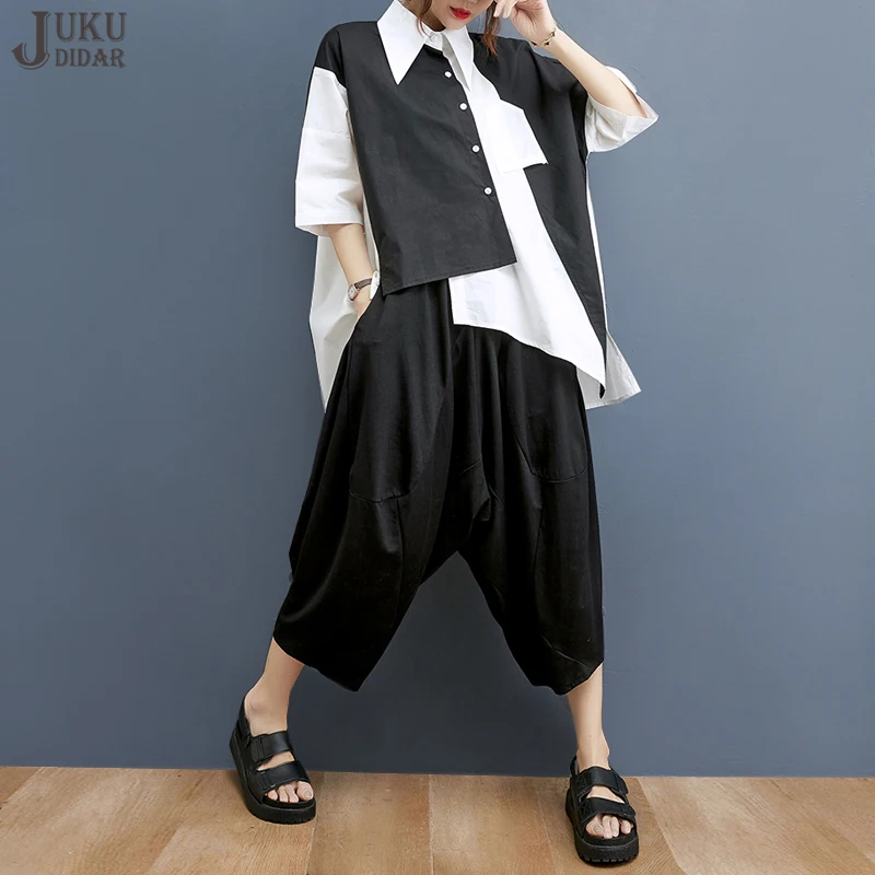 Black And White Patchwork Japanese Woman Summer Casual Two Piece Set Loose Fit Oversized Irregular Shirt And Harem Pants JJSE025
Black And White Patchwork Japanese Woman Summer Casual Two Piece Set Loose Fit Oversized Irregular Shirt And Harem Pants JJSE025