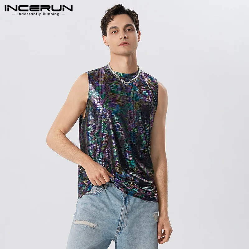 

Party Shows Style Tops INCERUN New Men's Glitter Coated Fabric Vests Casual Fashion Hot Selling Male Loose Comfortable Waistcoat