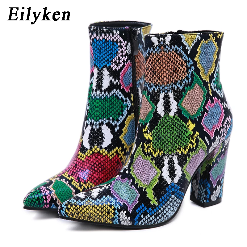 

Eilyken Women Ankle Boots Fashion Green Snake Grain Booties Winter Female Pointed Toe High Heels Ladies Zip Boots Shoes