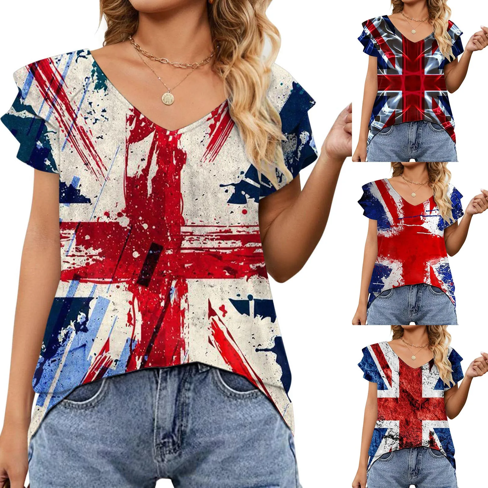 

Ruffle Short Sleeve V Neck T Shirt American Flag Print Women Summer Tops Party Streetwear Casual Loose Fit Pullover Blusa Camisa