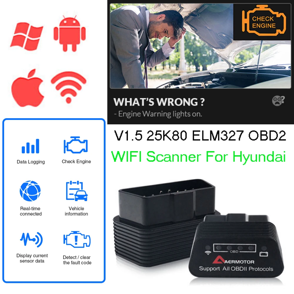 Автомобильный диагностический сканер OBD2 для Hyundai Sonata Accent Tucson Elantra Solaris ix35 ix25 WIFI ELM327 сканер
Автомобильный диагностический сканер OBD2 для Hyundai Sonata Accent Tucson Elantra Solaris ix35 ix25 WIFI ELM327 сканер