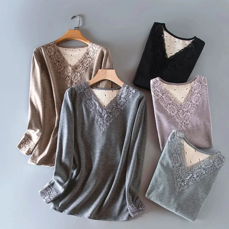 Women's Warm Underwear t Shirts Autumn Winter Clothes Long Sleeved oversized thickened plush sexy V-neck Lace Bottom Shirt AC932
Women's Warm Underwear t Shirts Autumn Winter Clothes Long Sleeved oversized thickened plush sexy V-neck Lace Bottom Shirt AC932