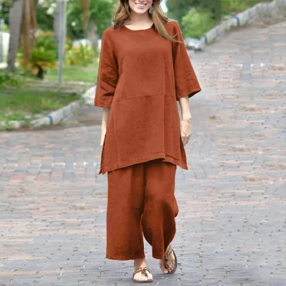 Soft Women Suit Vintage-inspired 2-piece Set Loose Round Neck Top Wide Leg Pants for Lady's Autumn/spring Outfit with Split Hem
Soft Women Suit Vintage-inspired 2-piece Set Loose Round Neck Top Wide Leg Pants for Lady's Autumn/spring Outfit with Split Hem