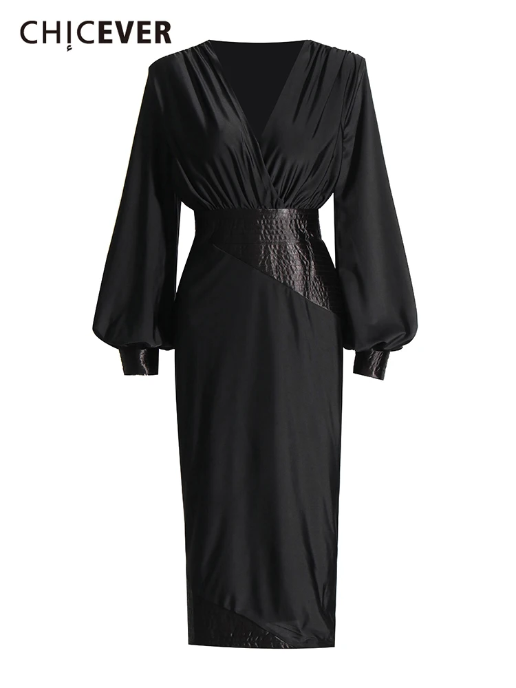 CHICEVER Black Dresses For Women V Neck Long Sleeve High Waist Patchwork Mid A Line Pullover Elegant Dress Female Fashion New
CHICEVER Black Dresses For Women V Neck Long Sleeve High Waist Patchwork Mid A Line Pullover Elegant Dress Female Fashion New