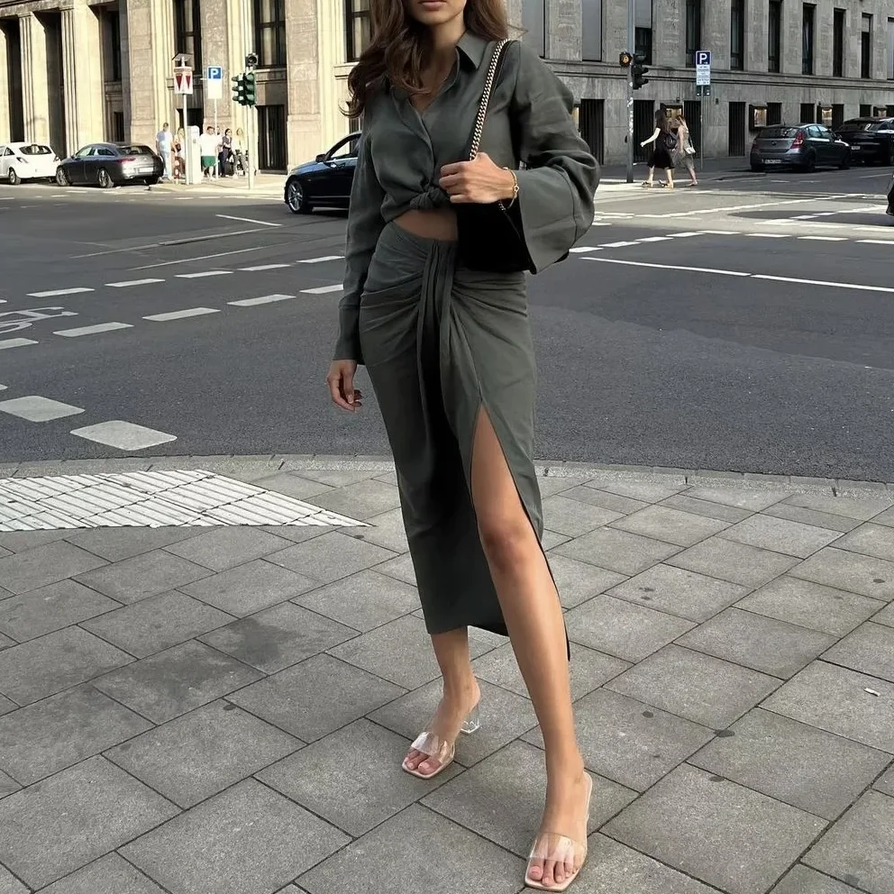 

Khaki Green Fashion Woman Blouses 2022 Midi Long Skirt Sets Two Piece High Waist Elegant Vintage Blouse Knotted Long Sleeves Top