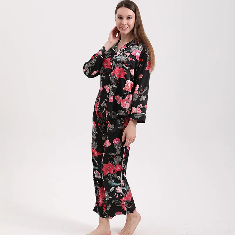 Autumn Flower Printed Black Pink Satin Pajamas Set Thin Female Long-sleeved Trousers Nachtkleding Vrouwen Silk Pajamas for Women
Autumn Flower Printed Black Pink Satin Pajamas Set Thin Female Long-sleeved Trousers Nachtkleding Vrouwen Silk Pajamas for Women