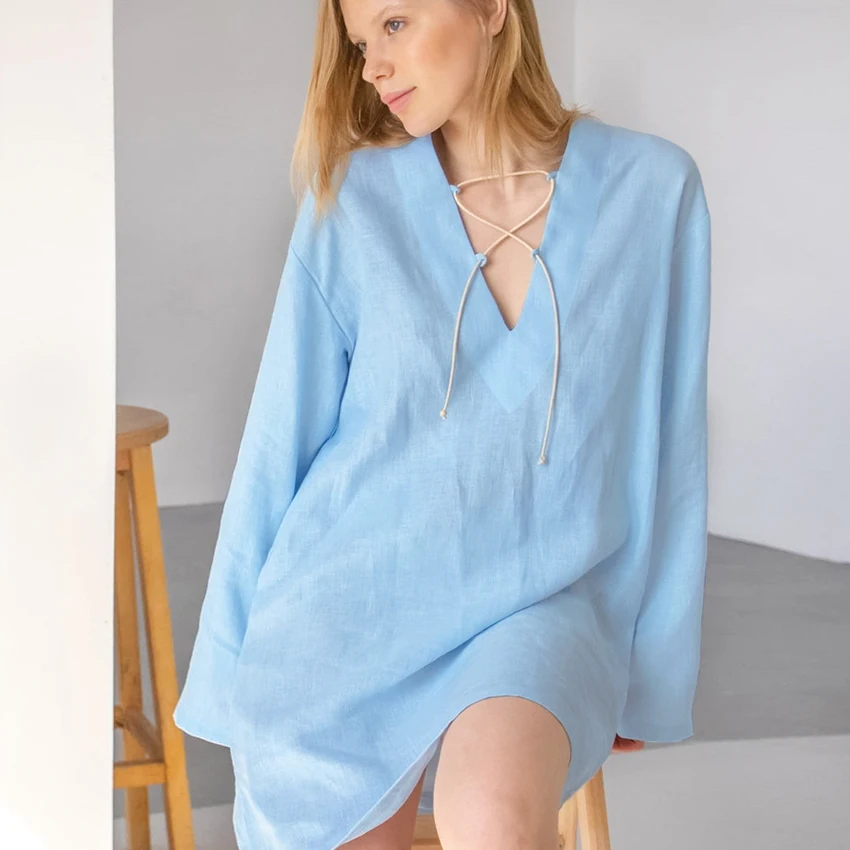 Restve Loose Women Nightdress Blue Long Sleeve V Neck Mini Dresses Cotton Casual Female Home Dress Solid Spring Nightwear 2022
Restve Loose Women Nightdress Blue Long Sleeve V Neck Mini Dresses Cotton Casual Female Home Dress Solid Spring Nightwear 2022
