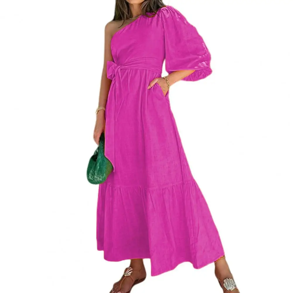 High Waist Lace-up Dress Chic One-shoulder Maxi Dresses with Puff Sleeves High Waists Ruffle Stitching for Spring Autumn Parties
High Waist Lace-up Dress Chic One-shoulder Maxi Dresses with Puff Sleeves High Waists Ruffle Stitching for Spring Autumn Parties