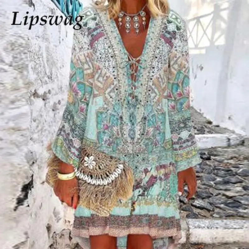 Autumn New Bohemian Irregular Print Dress Casual Lace-Up Pleated Mini Dress Women V-Neck Long Sleeve Pullover Dress Vestido
Autumn New Bohemian Irregular Print Dress Casual Lace-Up Pleated Mini Dress Women V-Neck Long Sleeve Pullover Dress Vestido
