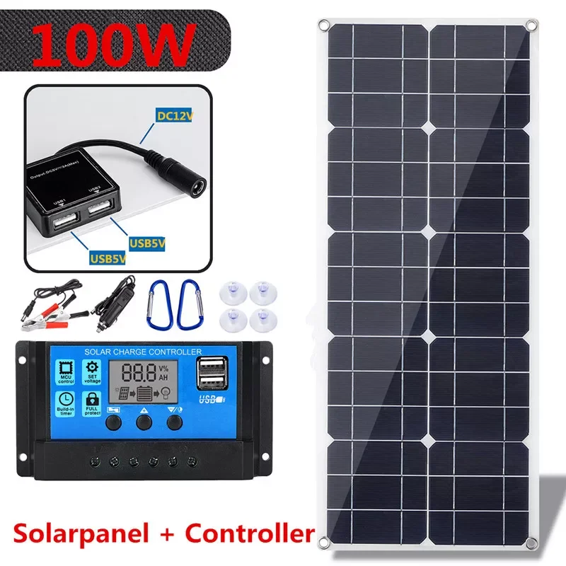 100W 18V MonocrystalineSolar Panel Dual 12V/5V DC USB Outdoor Car RV Rechargeable Kit with 10A Solar Controller & Cables 
100W 18V MonocrystalineSolar Panel Dual 12V/5V DC USB Outdoor Car RV Rechargeable Kit with 10A Solar Controller & Cables