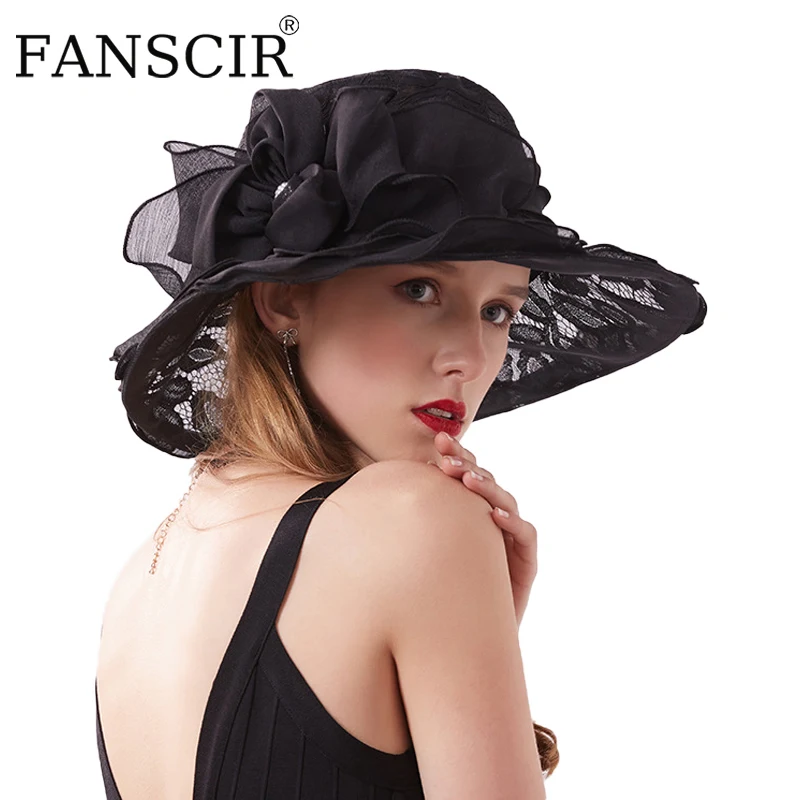 

Organza Fascinator Sun Hat Foldable Ladies Wedding Church Dresses Kentucky Derby Elegant Black Wide Brim Fedora Hats For Women