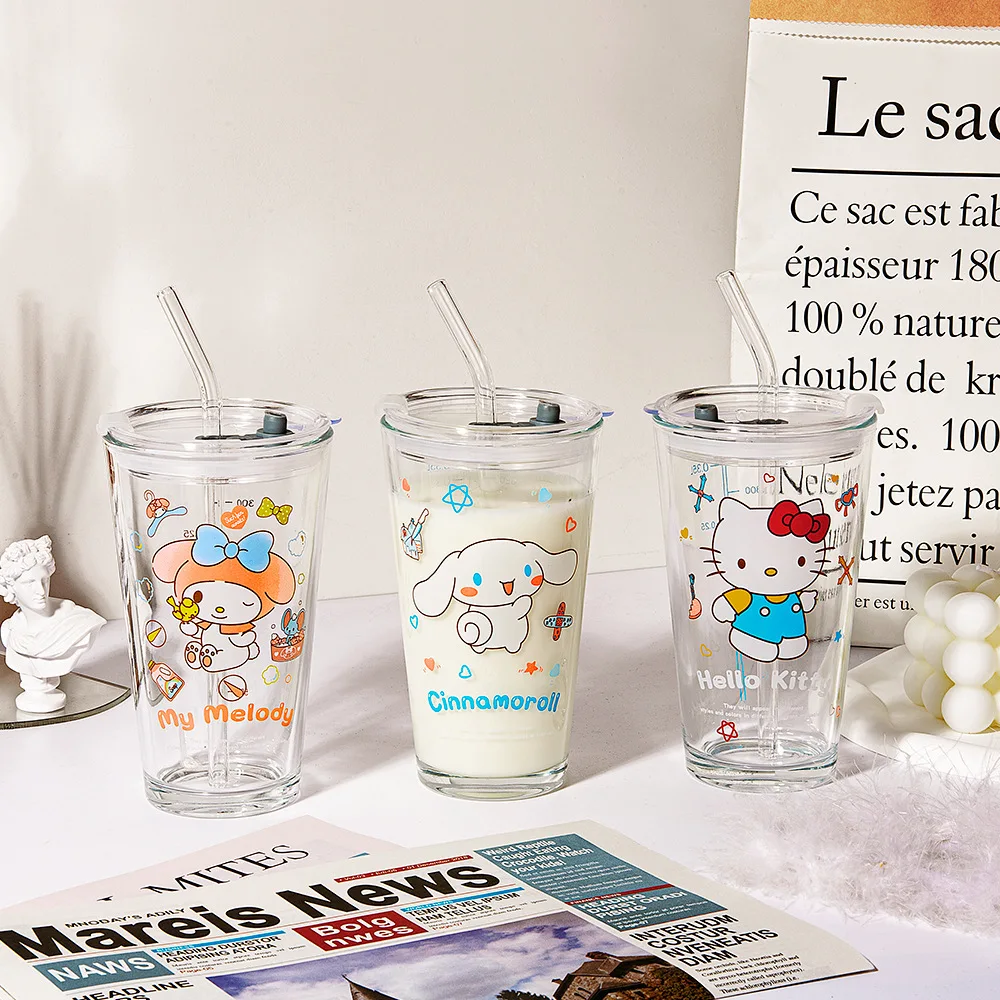 

2023 New Sanrio Hello KT My Melody Cinnamoroll Glass Straw Cup Milk Cup Drink Juice Milk Tea Cup 500Ml Large Capacity Water Cup