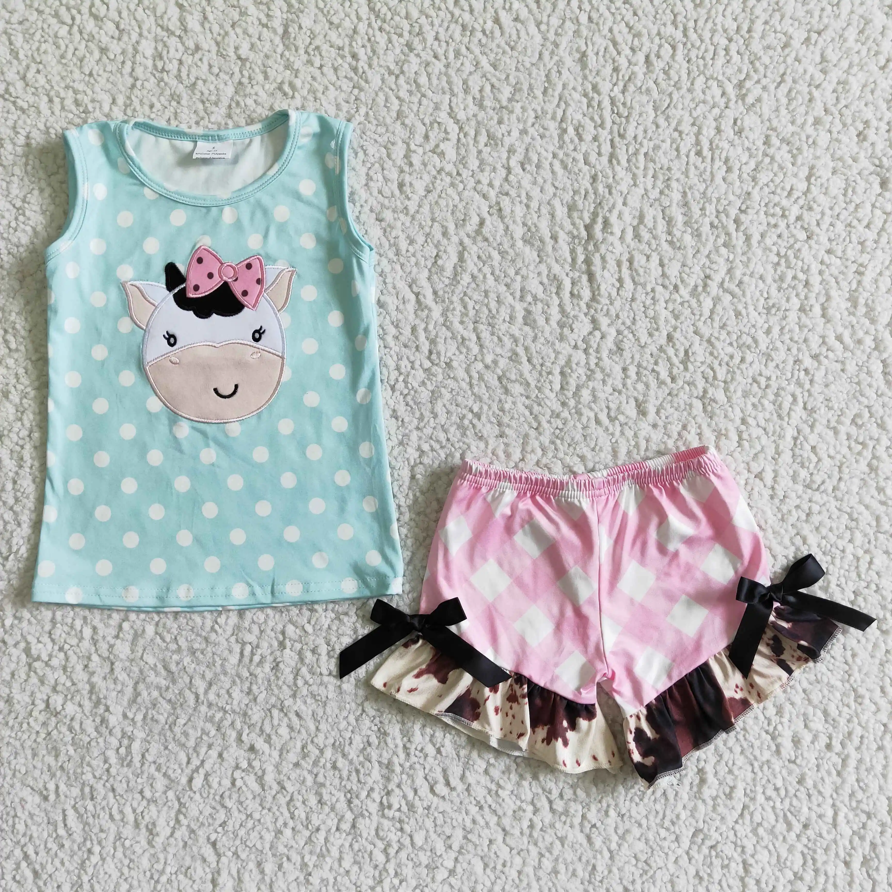Cute Embroidered Bow Little Cow Baby Big Girl Clothes Wholesale Sleeveless Dot Top Plaid Bow Shorts Fashion Sets
Cute Embroidered Bow Little Cow Baby Big Girl Clothes Wholesale Sleeveless Dot Top Plaid Bow Shorts Fashion Sets
