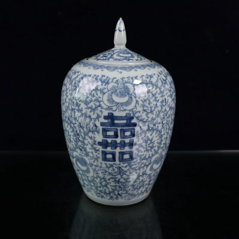 

Antique antiques wholesale blue and white double happiness lotus pattern wax gourd jar living room decoration ceramic handicraft