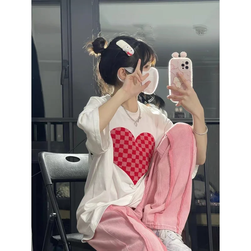 P008 Summer Heart Printing Chessboard Plaid T-shirt Couple Hip Hop Loose All-Match National Fashion Short Sleeve
P008 Summer Heart Printing Chessboard Plaid T-shirt Couple Hip Hop Loose All-Match National Fashion Short Sleeve