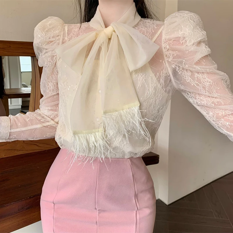 2023 Spring New Sweet Bow Lacing Shirt Tops Puff Long Sleeve Slim Lace Blouse Korean Temperament Fashion Women Clothing
2023 Spring New Sweet Bow Lacing Shirt Tops Puff Long Sleeve Slim Lace Blouse Korean Temperament Fashion Women Clothing