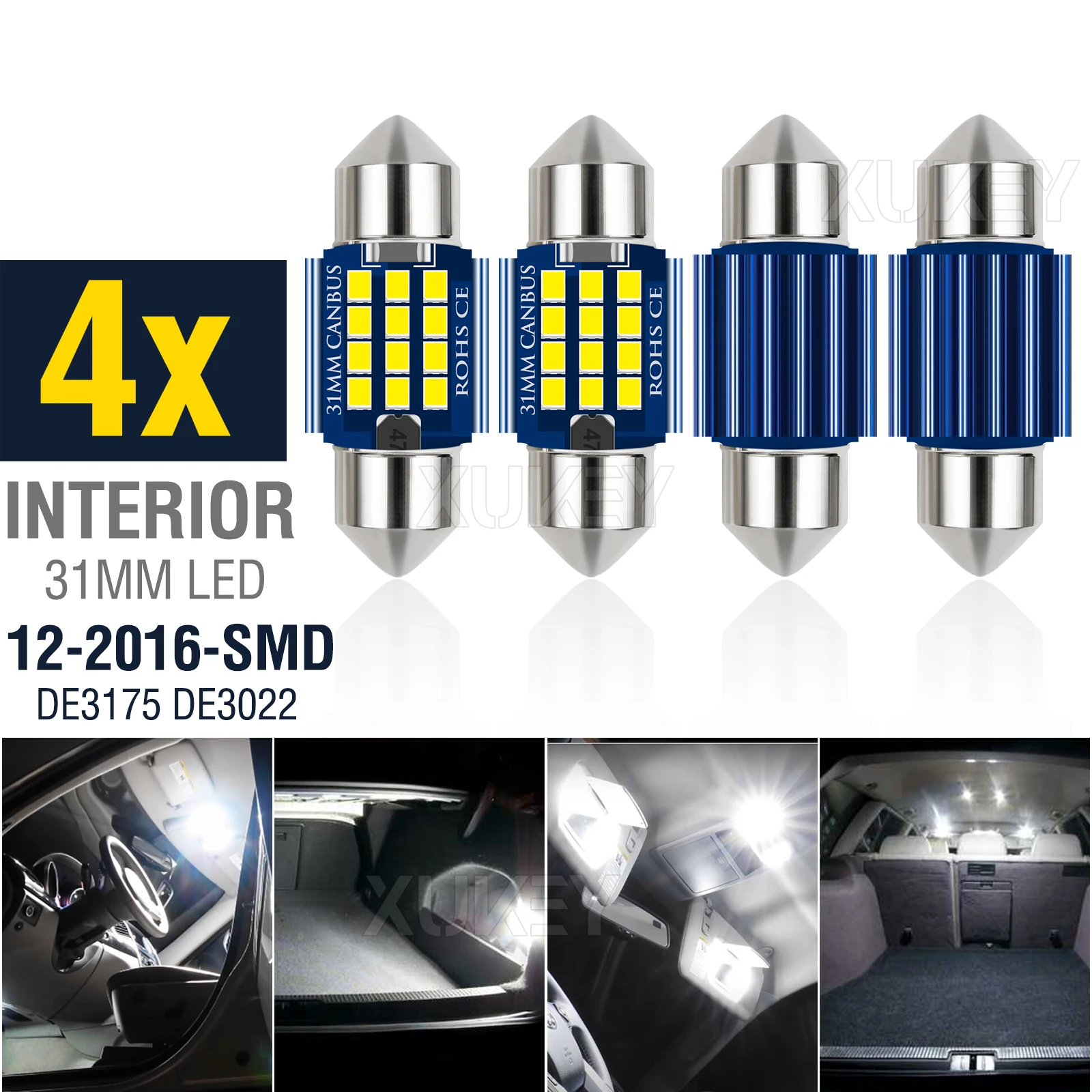 4x 31mm DE3175 LED Festoon Bulbs DE3022 DE3023 Bulb White 12V 12SMD-2016 Chipsets for Car Interior Dome Map Trunk Courtesy Light
4x 31mm DE3175 LED Festoon Bulbs DE3022 DE3023 Bulb White 12V 12SMD-2016 Chipsets for Car Interior Dome Map Trunk Courtesy Light