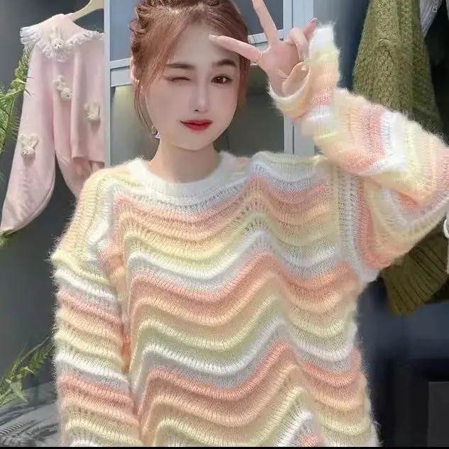 2022 Casual Women Korean Style Fashion Knitted Rainbow Striped Pullovers Sweater O-Neck Long Sleeve Casual Knitwear Tops S128
2022 Casual Women Korean Style Fashion Knitted Rainbow Striped Pullovers Sweater O-Neck Long Sleeve Casual Knitwear Tops S128