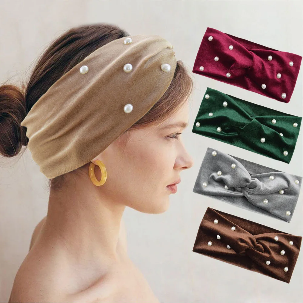 

Женская бархатная повязка на голову с жемчужинами, яркая трикотажная повязка на голову, бандана, эластичная повязка для волос, теплые аксессуары для волос, головной убор