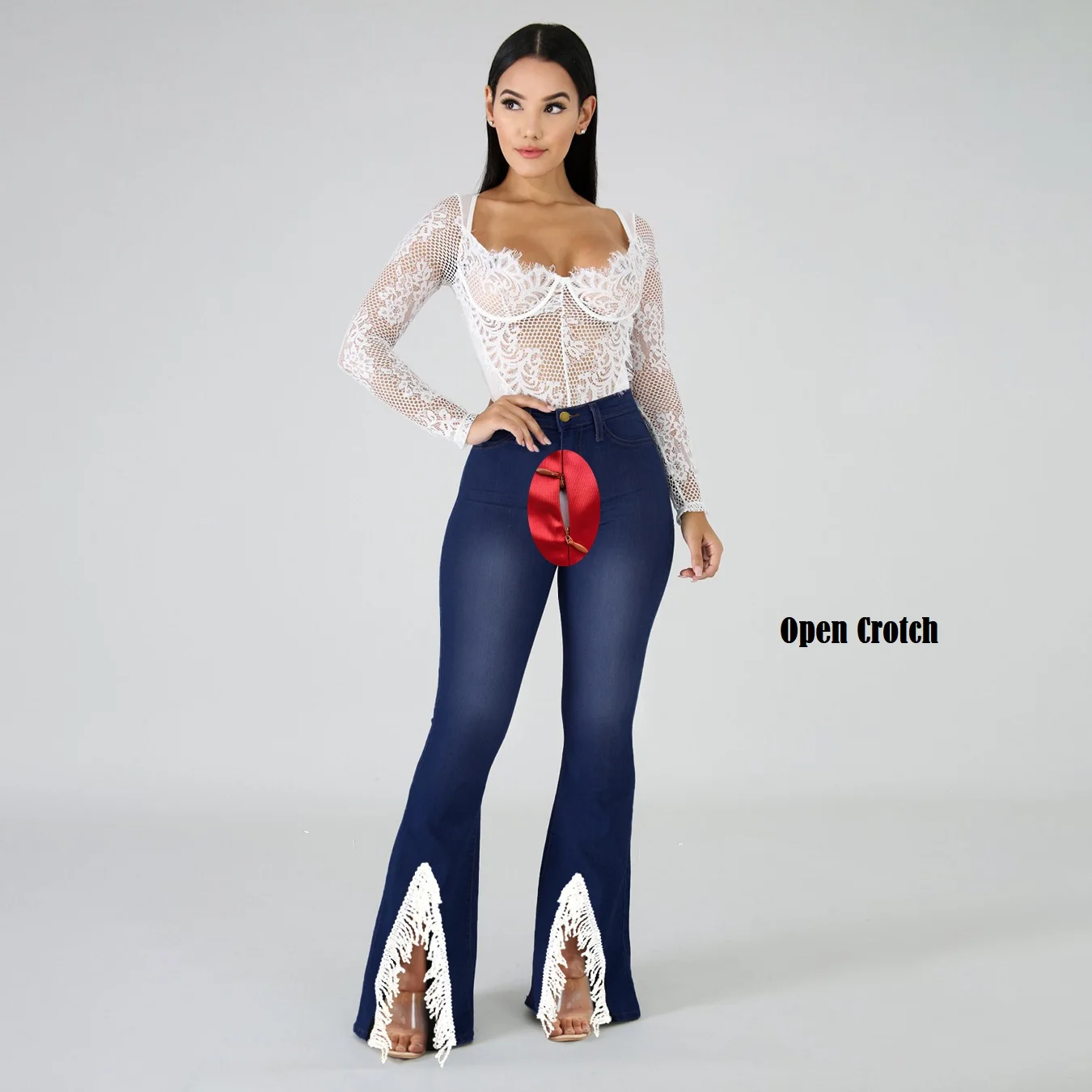 

Outdoor Sex Pants for Women Jeans Leggings Hidden Zipper Sexual Clothes Denim Trousers Female Sexy Exot Bell-bottoms