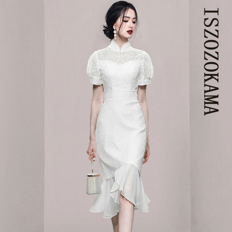 

Белое Кружевное облегающее платье ISZOZoKAMA, корейское летнее женское платье в стиле ретро с коротким рукавом, бордовое вечерние нее офисное пл...