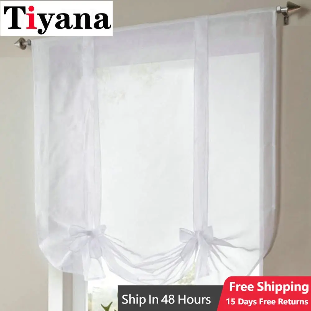 

Solid White Roman Curtains Transparent Voile Ribbon Stripes Drapery Valance For Kitchen Bathroom Balcony Sheer Tulle Curtains