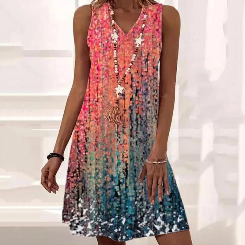 2023 Summer Women's Short Dress Print V-neck Sleeveless Thin Style Loose Dresses Female New Casual Elegant Fashion Lady Clothes
2023 Summer Women's Short Dress Print V-neck Sleeveless Thin Style Loose Dresses Female New Casual Elegant Fashion Lady Clothes