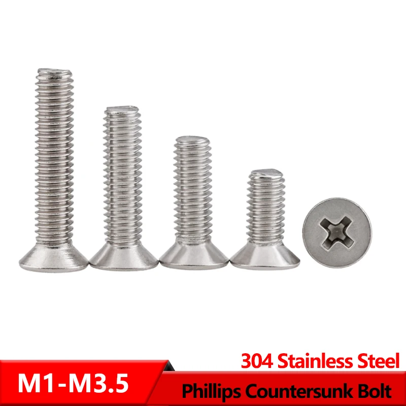 

304 Stainless Steel Flat Head Phillips Micro Machine Screws Cross Recessed Countersunk Mini Small Bolt M1 M1.4 M2 M3