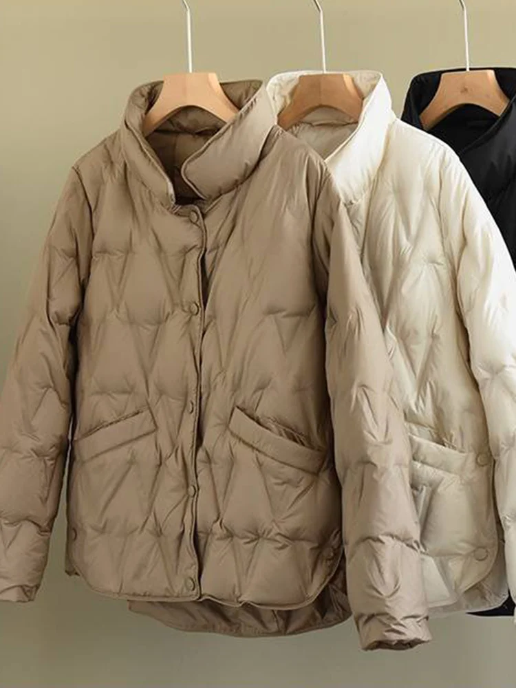 Autumn Winter Women Stand Collar Loose Lightweight Down Coat Casual Female Single Breasted Warm White Duck Down Jacket
Autumn Winter Women Stand Collar Loose Lightweight Down Coat Casual Female Single Breasted Warm White Duck Down Jacket