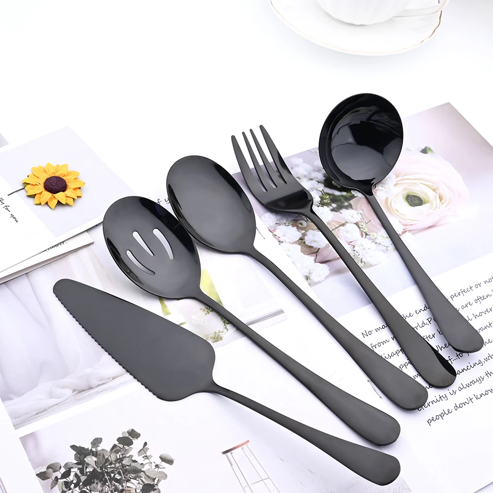 

Drmfiy 5/7Pcs Black Cutlery Serving Utensils Dinnerware Set Buffet Catering Flatware Serving Colander Spoons Fork Silverware Set