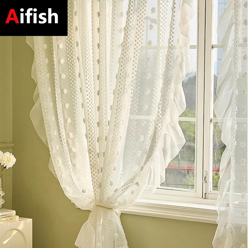 

3D White Pompom Embroidery Tulle Modern Striped Sheer Curtains for Living Room Ruffle Design Translucent Voile Window Drapes