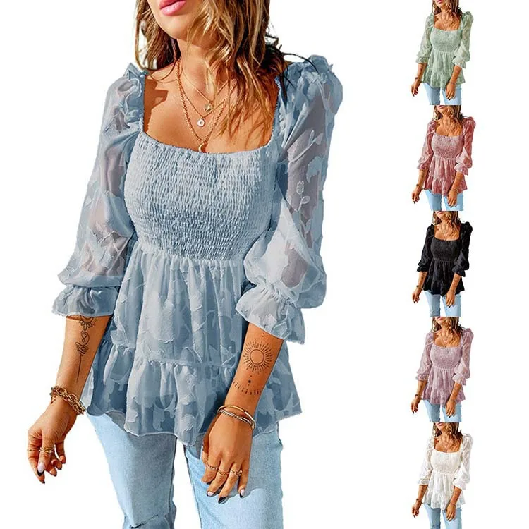 2022 summer new solid color square collar three-quarter sleeve chiffon shirt ruffled all-match top women
2022 summer new solid color square collar three-quarter sleeve chiffon shirt ruffled all-match top women