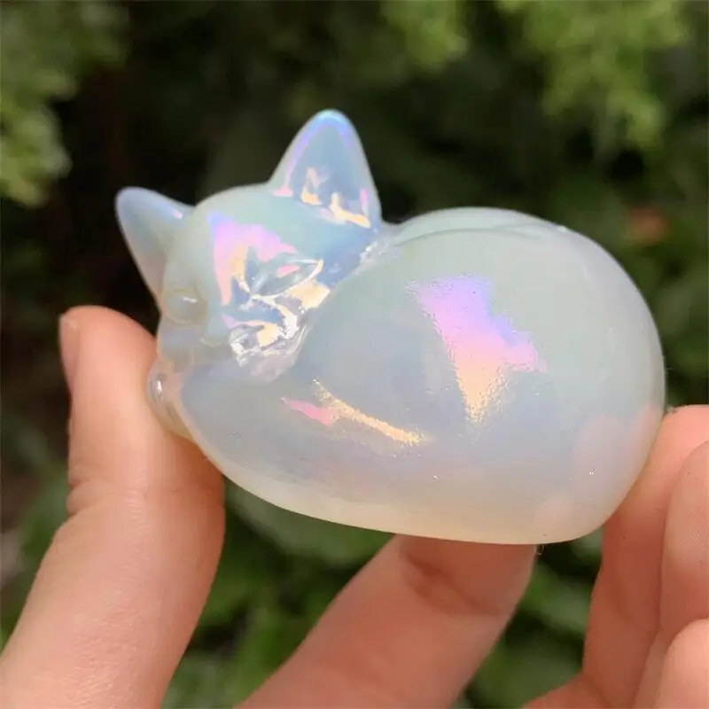 

High-quality Stone White Opalite Handmade Carved Cat Animal Powerful Statue For Home Decoration Gift
