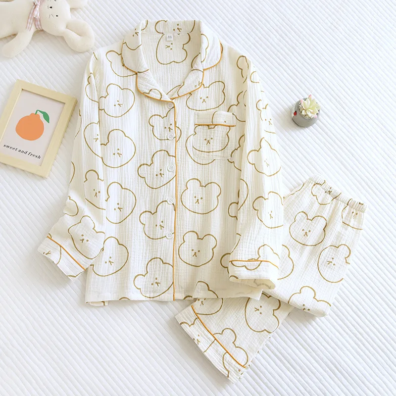 Spring and summer new women's pajamas two-piece long-sleeved trousers 100% cotton crepe cartoon home clothes set thin section
Spring and summer new women's pajamas two-piece long-sleeved trousers 100% cotton crepe cartoon home clothes set thin section