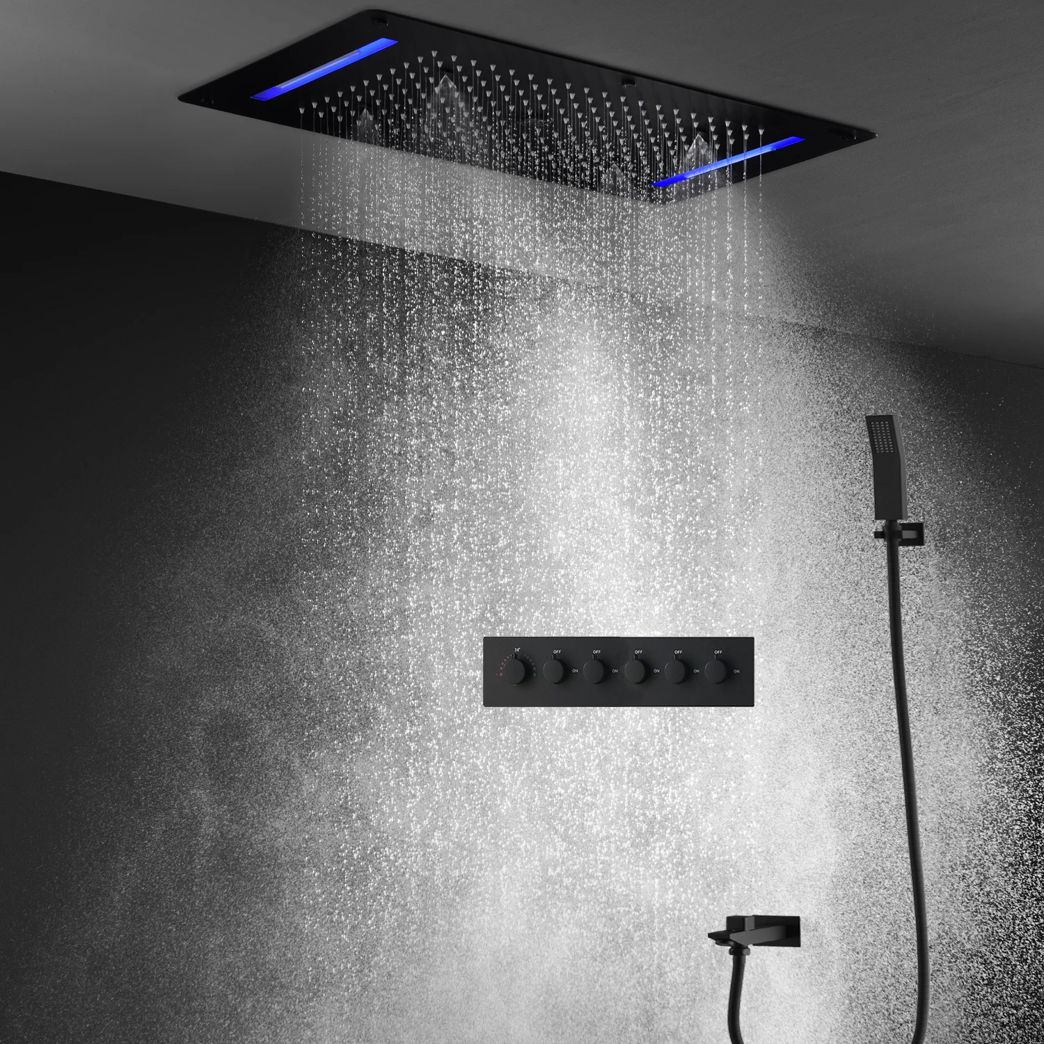 

2023 Luxury Black Shower System 5Functions Ceiling LED ShowerHead Rainfall Waterfall Mist Spray Bath Thermostatic Mixer Faucets