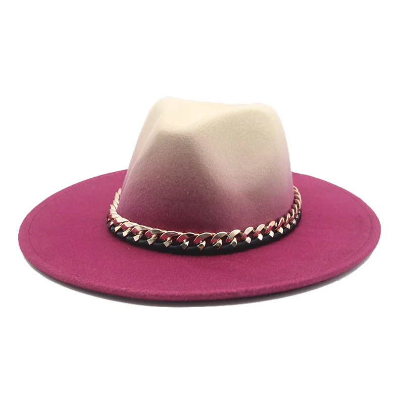 Fedora Hat Gradient Color Gold Chain Band Women Hat Winter Wide Brim Jazz Caps Vintage Luxury Felt Winter Hat Sombreros De Mujer
Fedora Hat Gradient Color Gold Chain Band Women Hat Winter Wide Brim Jazz Caps Vintage Luxury Felt Winter Hat Sombreros De Mujer