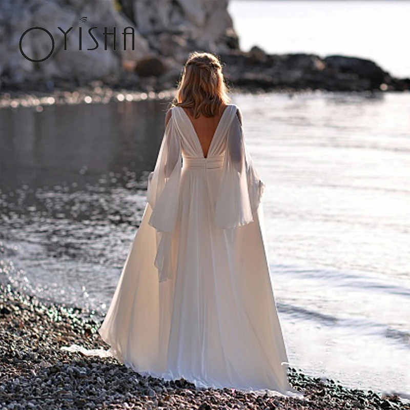 

OYISHA Sexy V-Neck pleated Wedding Dress For Bride Simple Chiffon Batwing Sleeves Bridal Gown Pearls Appliques vestido de noiva