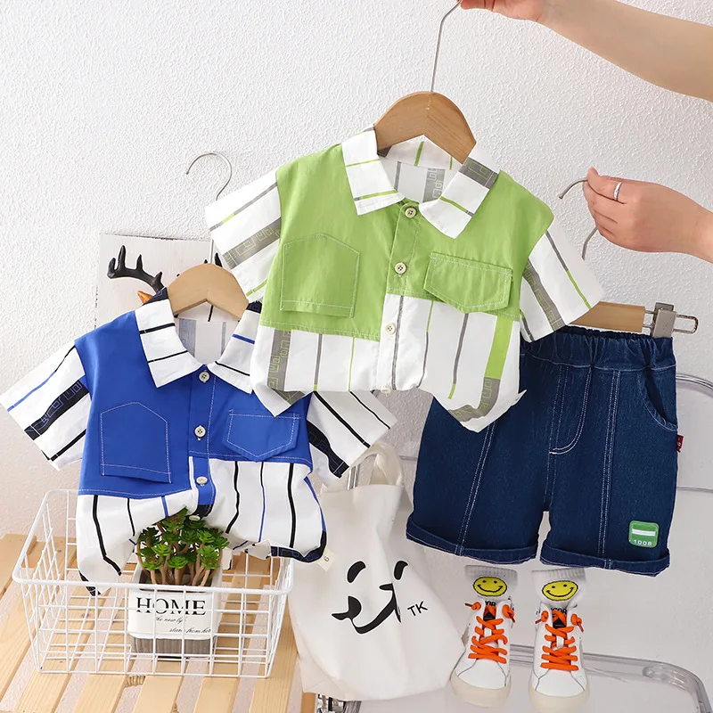 2023 New Summer Child Clothes Sets Short Sleeve Patchwork Blue Denim Shorts Cute 2 Piece Sets Designer Boys Clothes Sets 12M-5T
2023 New Summer Child Clothes Sets Short Sleeve Patchwork Blue Denim Shorts Cute 2 Piece Sets Designer Boys Clothes Sets 12M-5T