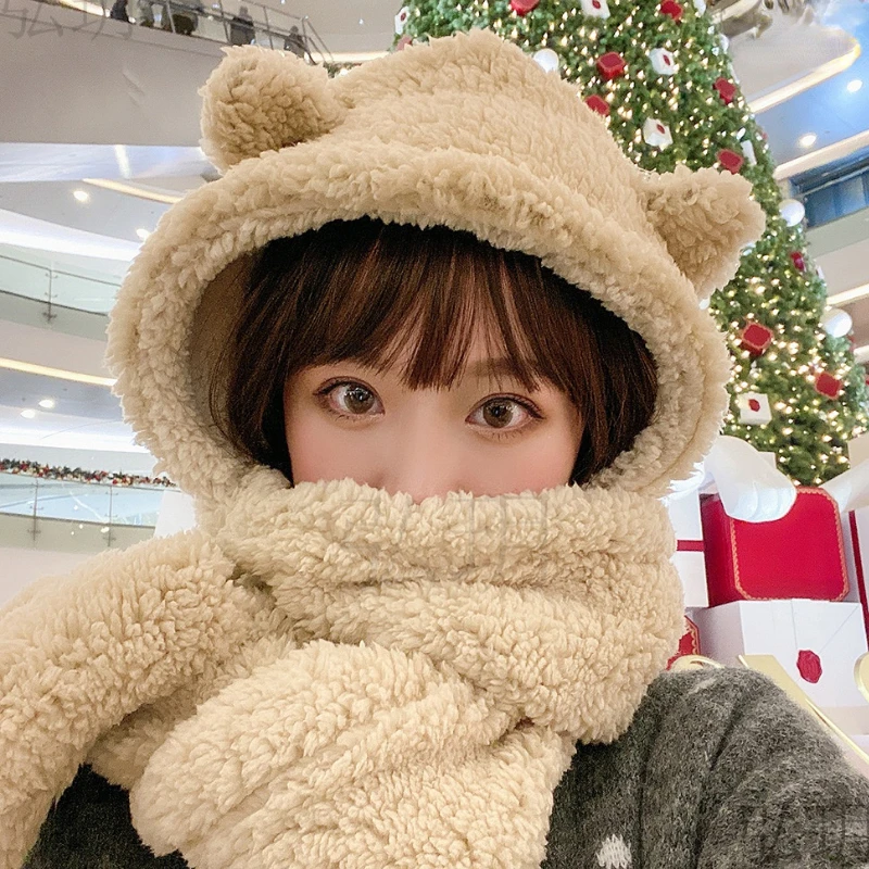 Thickened Hat Glove Scarf All-in-one Winter Bear Lamb Cashmere Beanies Keep Warm Women's Scarf Mittens Three-piece Set for Women 
Thickened Hat Glove Scarf All-in-one Winter Bear Lamb Cashmere Beanies Keep Warm Women's Scarf Mittens Three-piece Set for Women