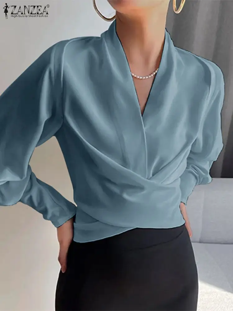 

ZANZEA Fashion 2023 Wrapped Blouses Women Elegant Long Cuff Puff Sleeve V Neck Blusas New Waisted Short Tops Irregular Shirts
